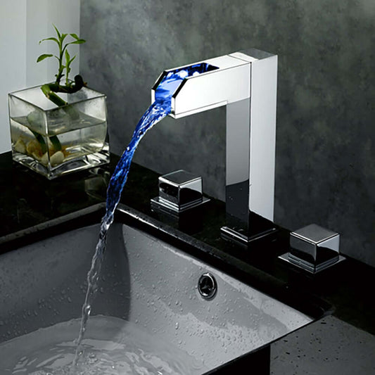 Modern Brass Widespread Bathtub Faucet with Waterfall Spout and LED Lighting Main Product Image