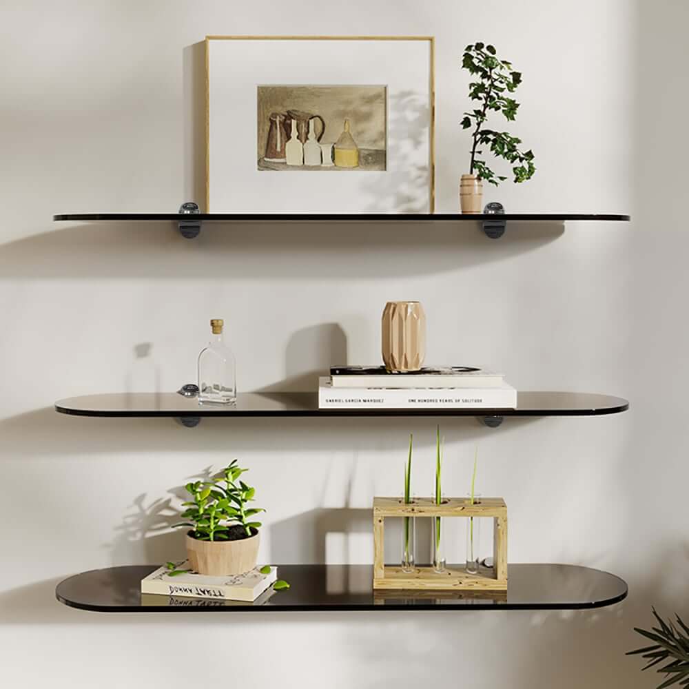 Modern Brown Acrylic Floating Shelves - 3 Tier Wall Mounted Storage