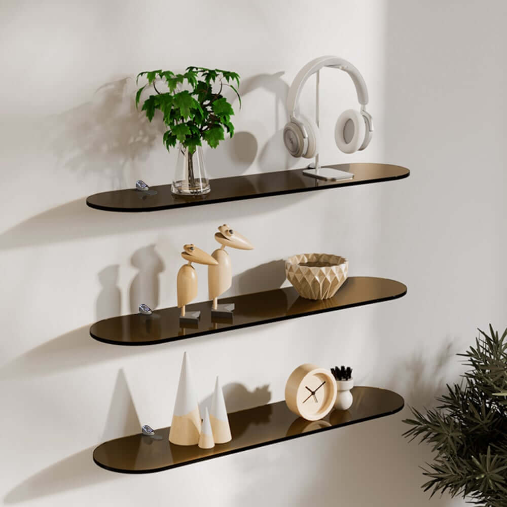 Modern Brown Acrylic Floating Shelves - 3 Tier Wall Mounted Storage