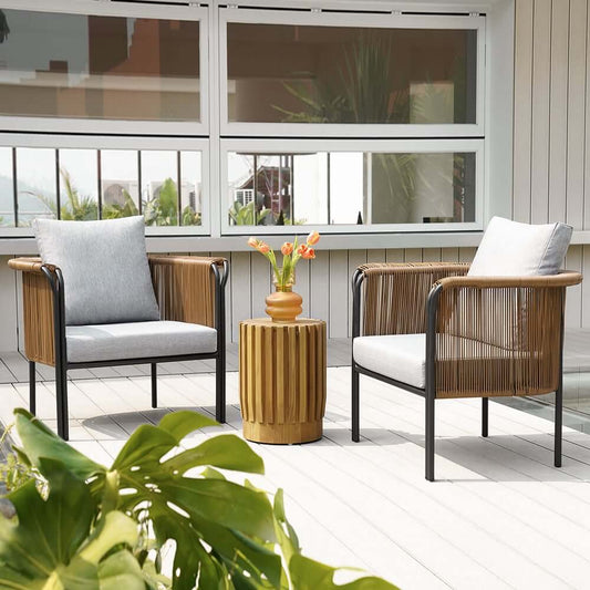 Modern Brown Outdoor Barrel Chair with Gray Cushion and Rattan Back