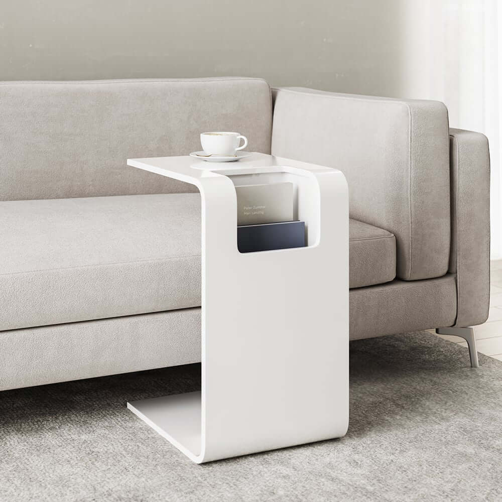Modern C-Shaped Side Table With Storage - Natural Finish