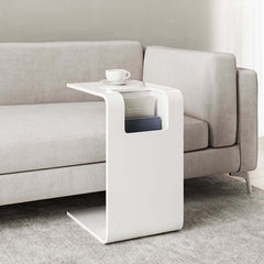 Modern C-Shaped Side Table With Storage - Natural Finish