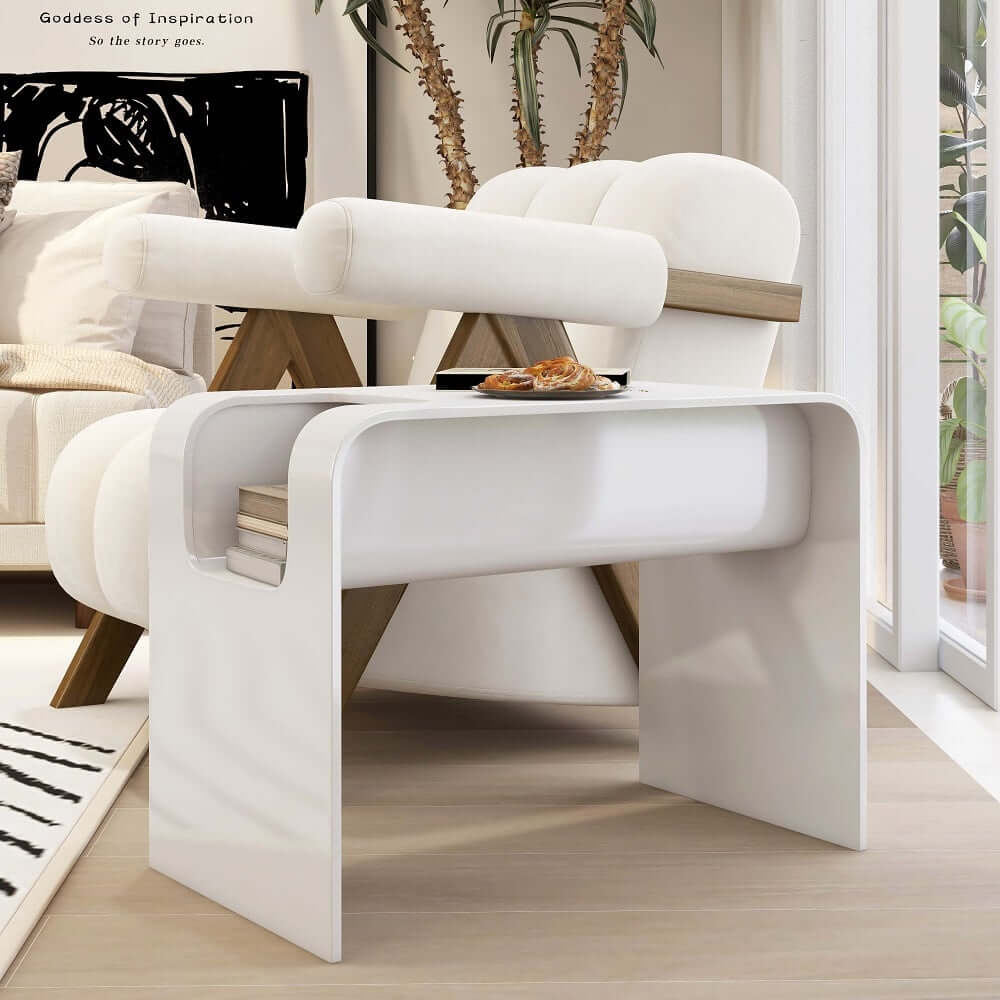 Modern C-Shaped Side Table With Storage - Natural Finish
