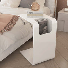 Modern C-Shaped Side Table With Storage - Natural Finish