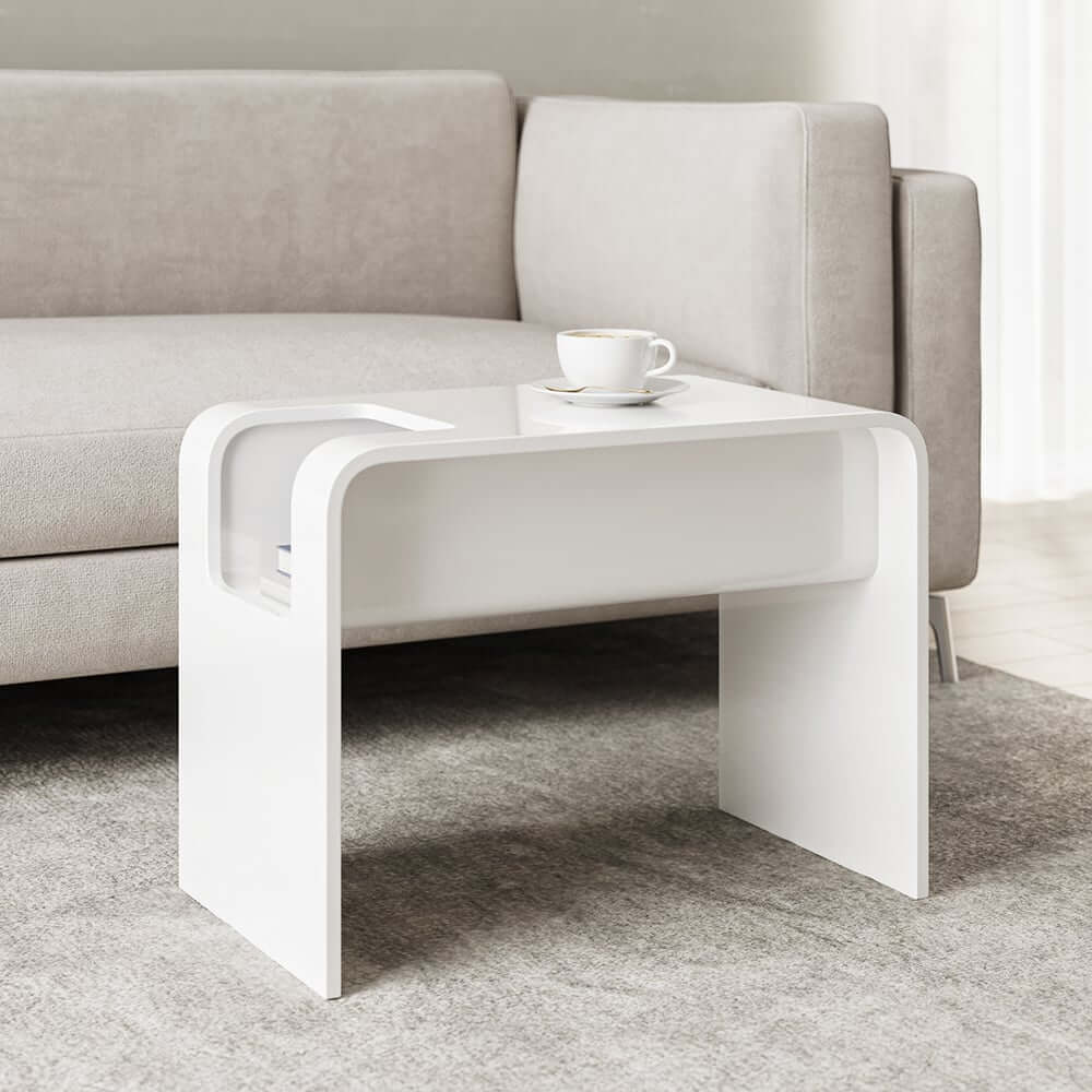 Modern C-Shaped Side Table With Storage - Natural Finish