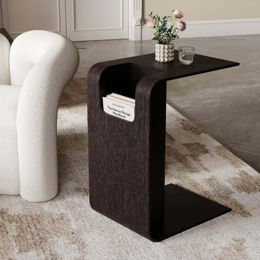 Modern C-Shaped Side Table With Storage - Natural Finish