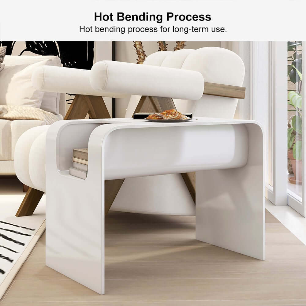 Modern C-Shaped Side Table With Storage - Natural Finish