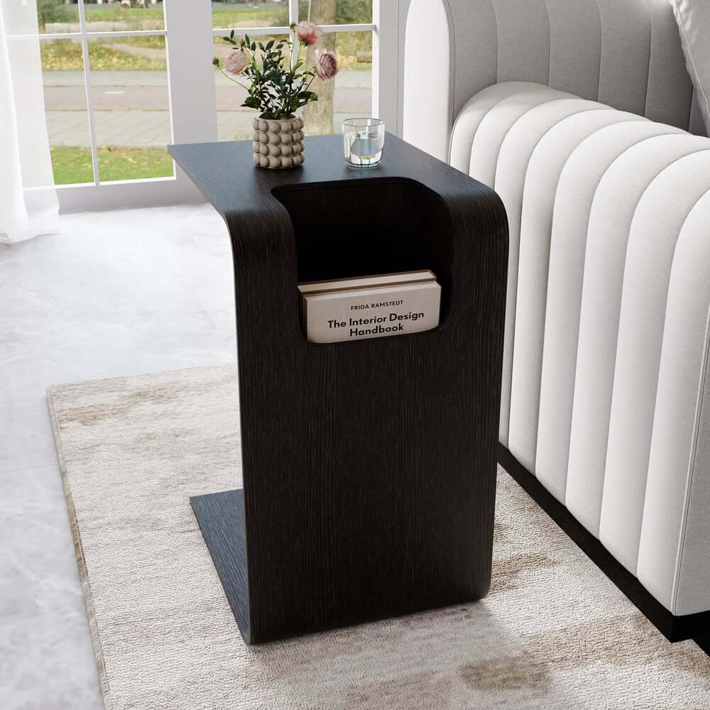 Modern C-Shaped Side Table With Storage - Natural Finish