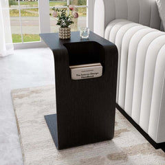 Modern C-Shaped Side Table With Storage - Natural Finish