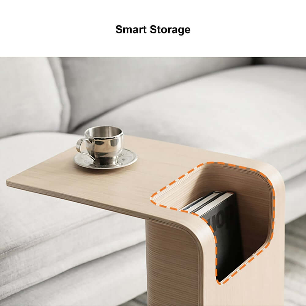 Modern C-Shaped Side Table With Storage - Natural Finish