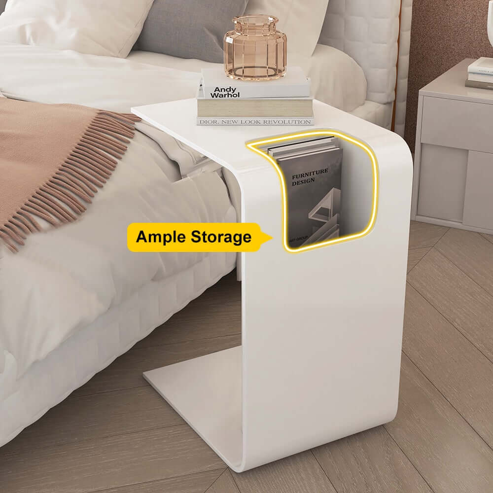 Modern C-Shaped Side Table With Storage - Natural Finish
