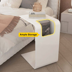 Modern C-Shaped Side Table With Storage - Natural Finish