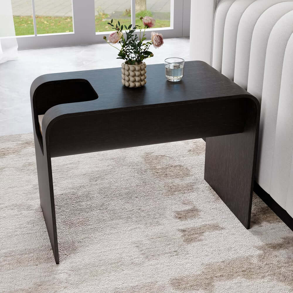 Modern C-Shaped Side Table With Storage - Natural Finish