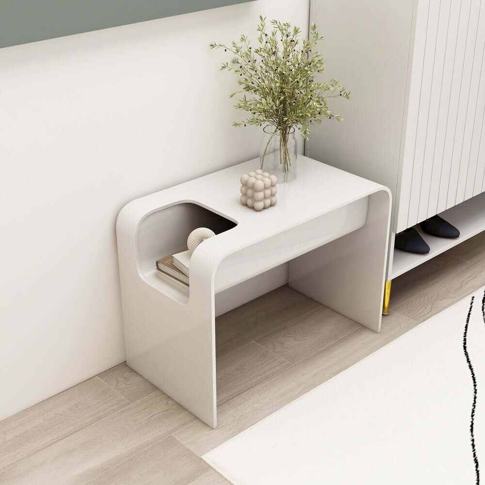 Modern C-Shaped Side Table With Storage - Natural Finish