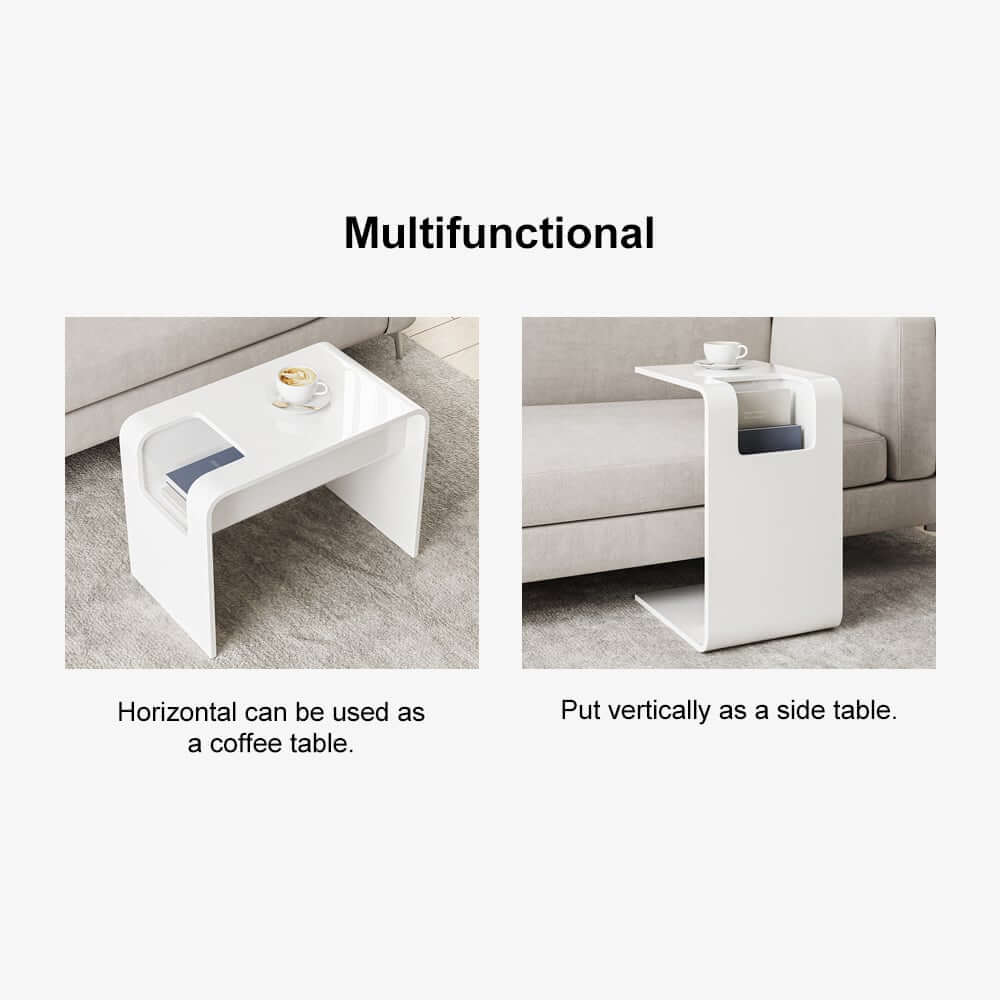 Modern C-Shaped Side Table With Storage - Natural Finish