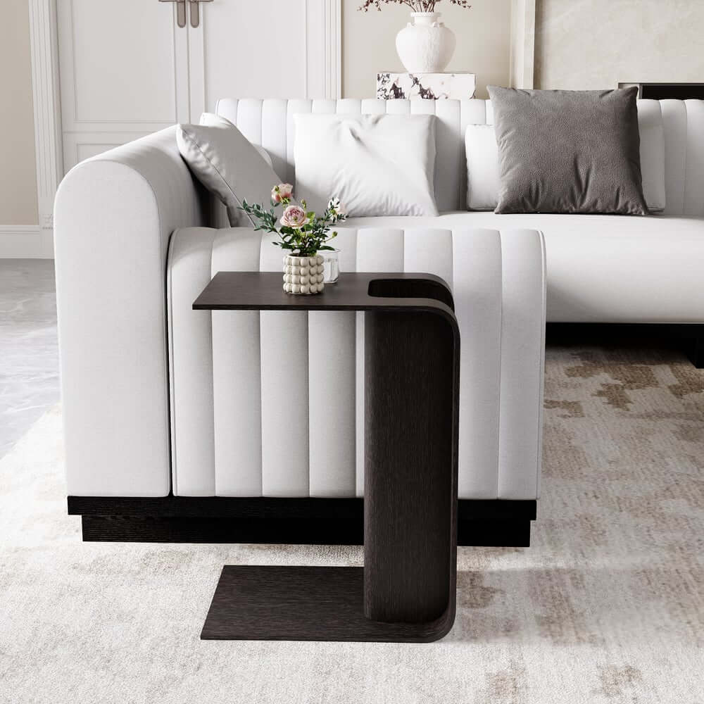 Modern C-Shaped Side Table With Storage - Natural Finish