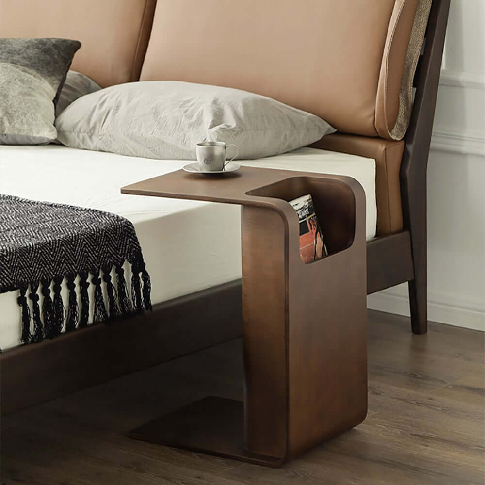 Modern C-Shaped Side Table With Storage - Natural Finish