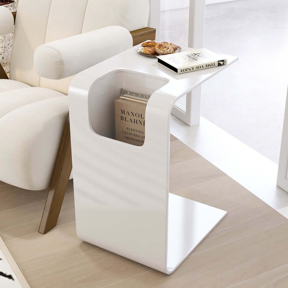 Modern C-Shaped Side Table With Storage - Natural Finish