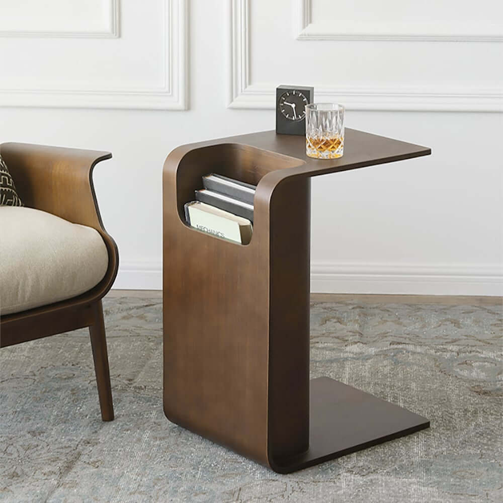 Modern C-Shaped Side Table With Storage - Natural Finish