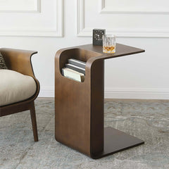 Modern C-Shaped Side Table With Storage - Natural Finish