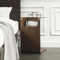 Modern C-Shaped Side Table With Storage - Natural Finish