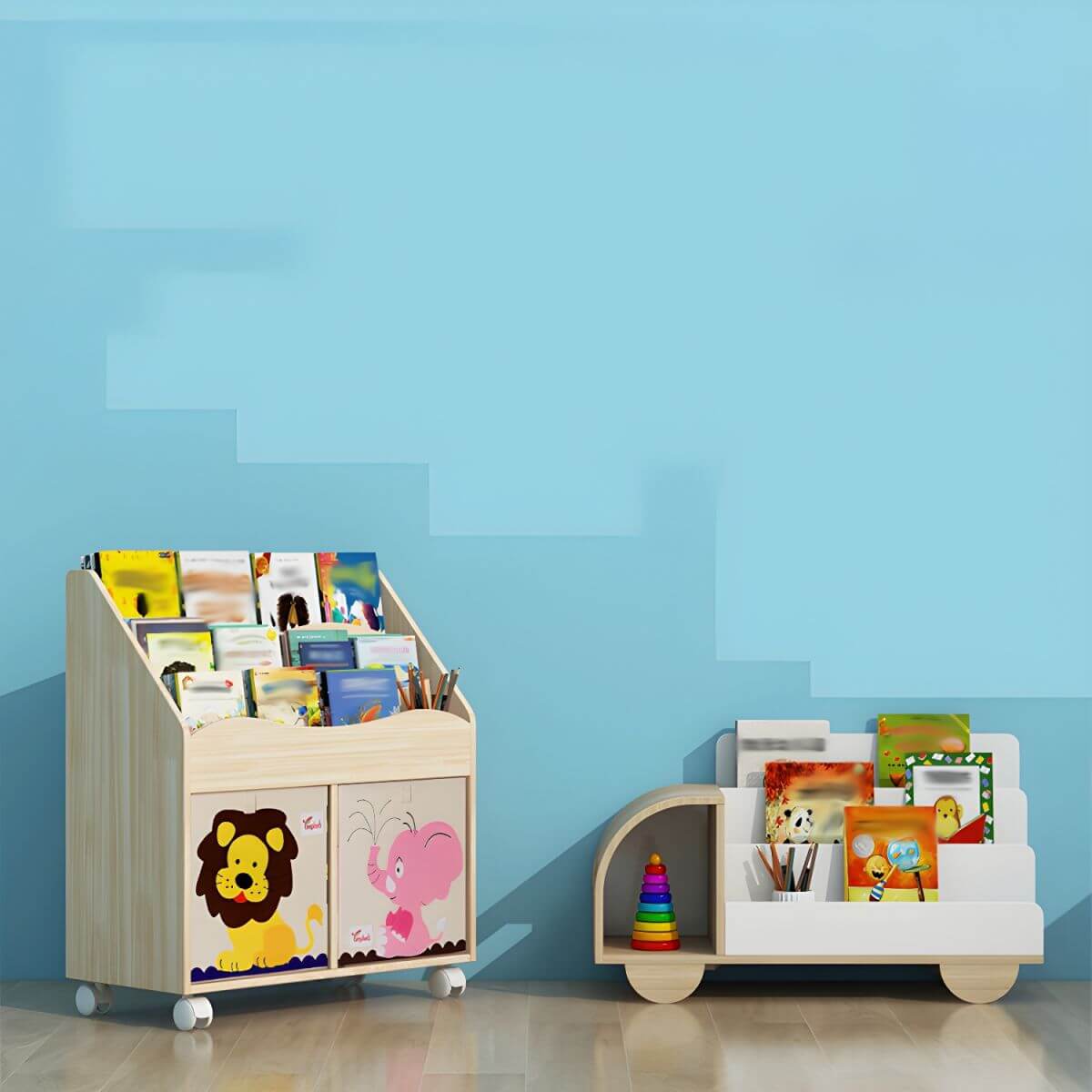 Modern Car-Shaped Kids Bookshelf with Closed Back and Tiered Shelves