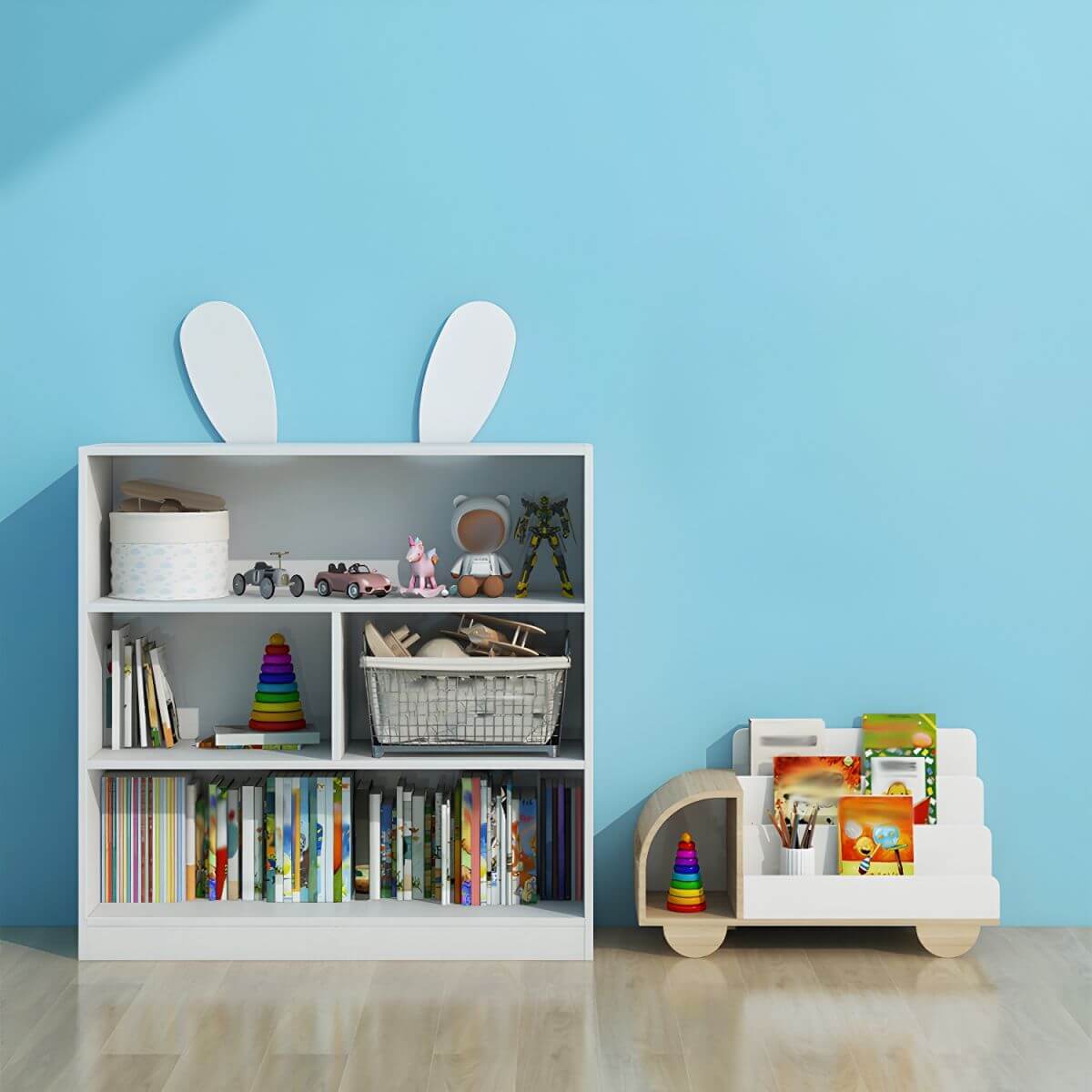 Modern Car-Shaped Kids Bookshelf with Closed Back and Tiered Shelves