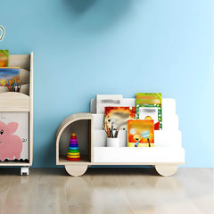 Modern Car-Shaped Kids Bookshelf with Closed Back and Tiered Shelves