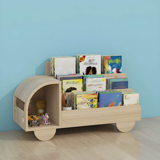 Modern Car-Shaped Kids Bookshelf with Closed Back and Tiered Shelves