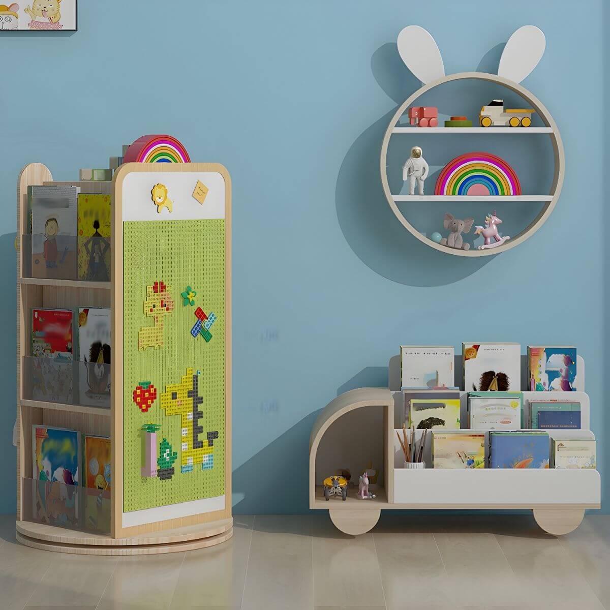 Modern Car-Shaped Kids Bookshelf with Closed Back and Tiered Shelves