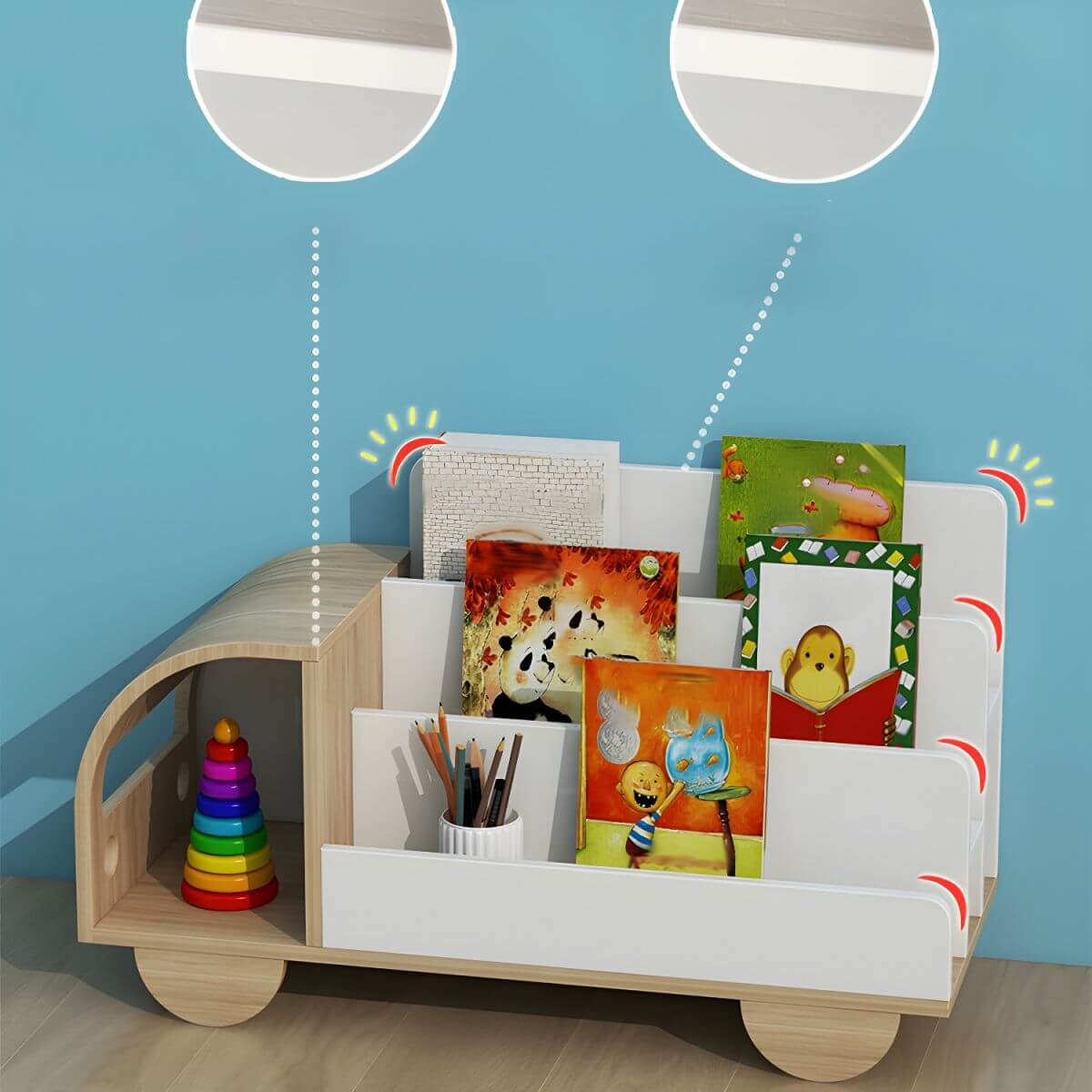Modern Car-Shaped Kids Bookshelf with Closed Back and Tiered Shelves