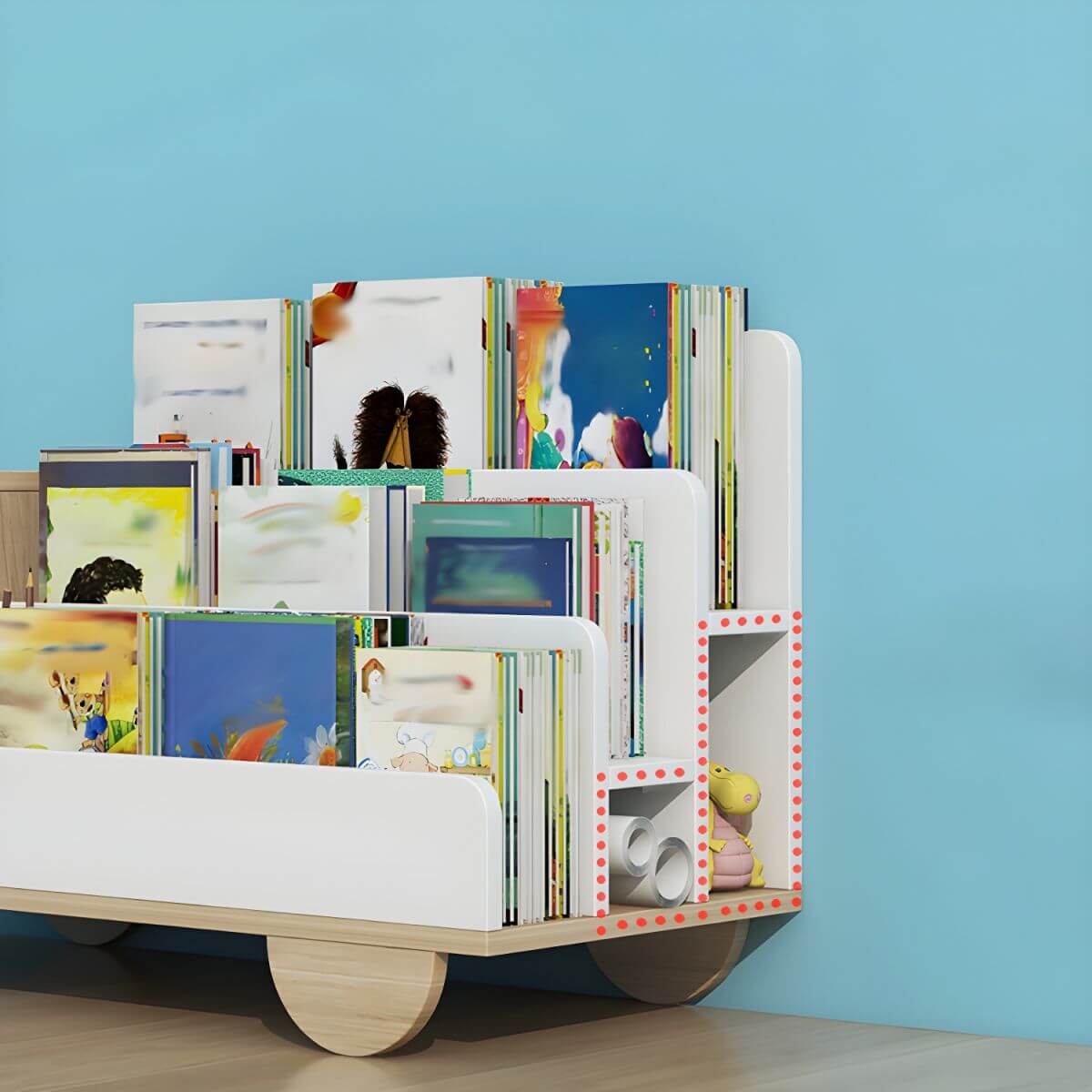 Modern Car-Shaped Kids Bookshelf with Closed Back and Tiered Shelves