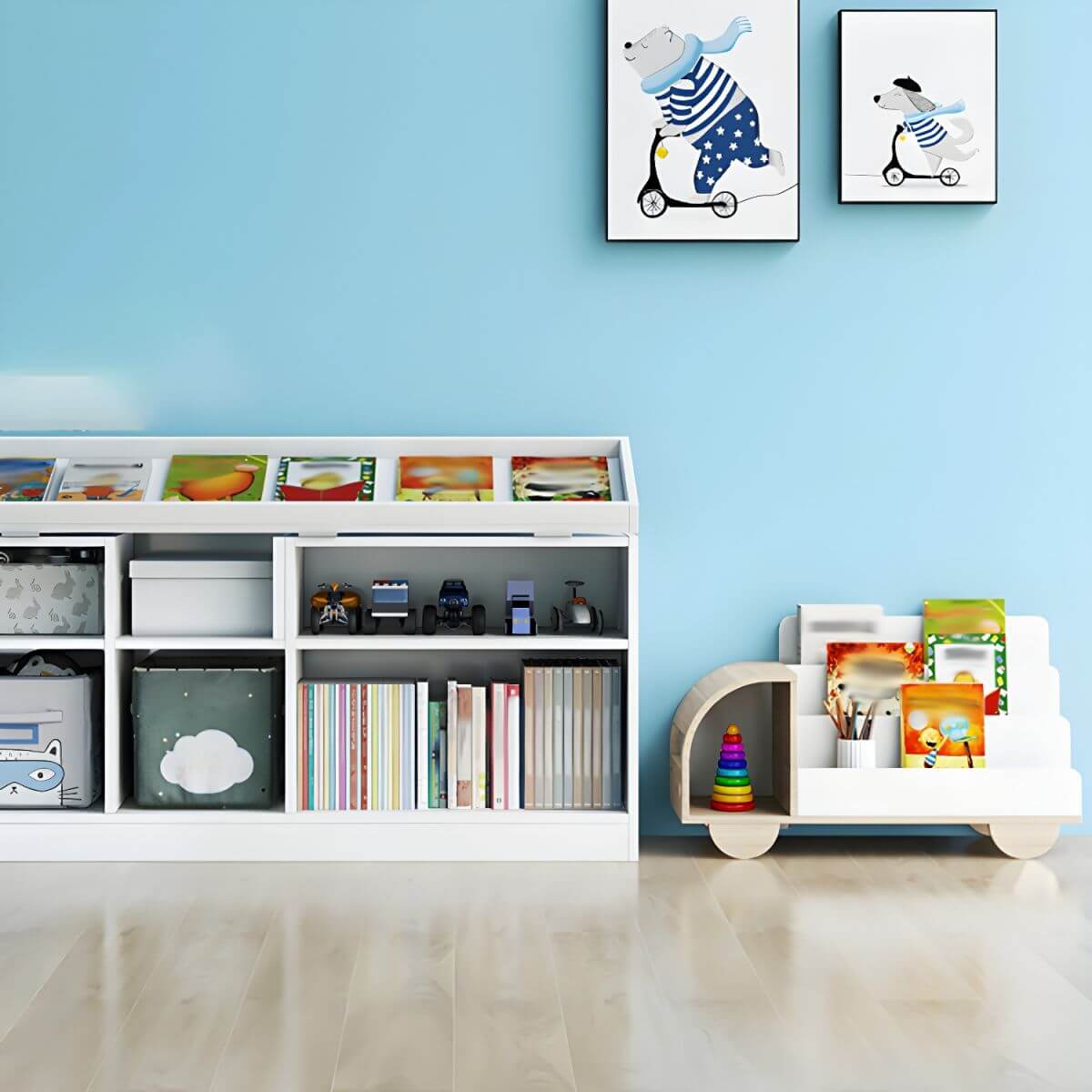 Modern Car-Shaped Kids Bookshelf with Closed Back and Tiered Shelves