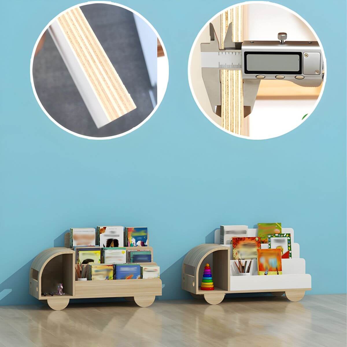 Modern Car-Shaped Kids Bookshelf with Closed Back and Tiered Shelves