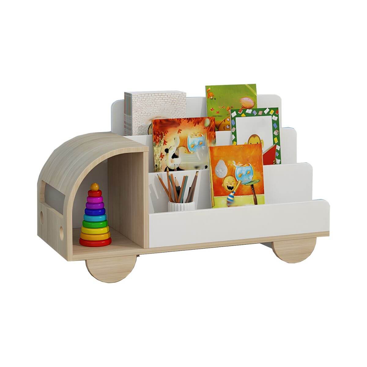 Modern Car-Shaped Kids Bookshelf with Closed Back and Tiered Shelves