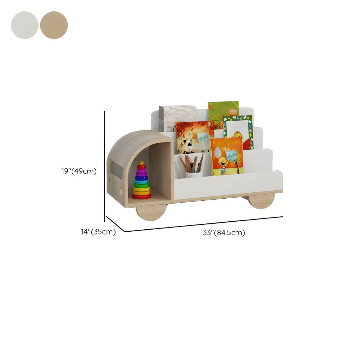 Modern Car-Shaped Kids Bookshelf with Closed Back and Tiered Shelves Dimensions