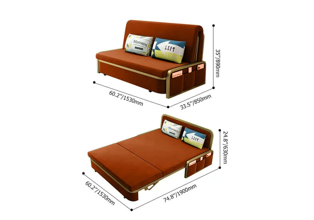 Modern Caramel Velvet Sofa Bed With Storage - Armless Dimensions