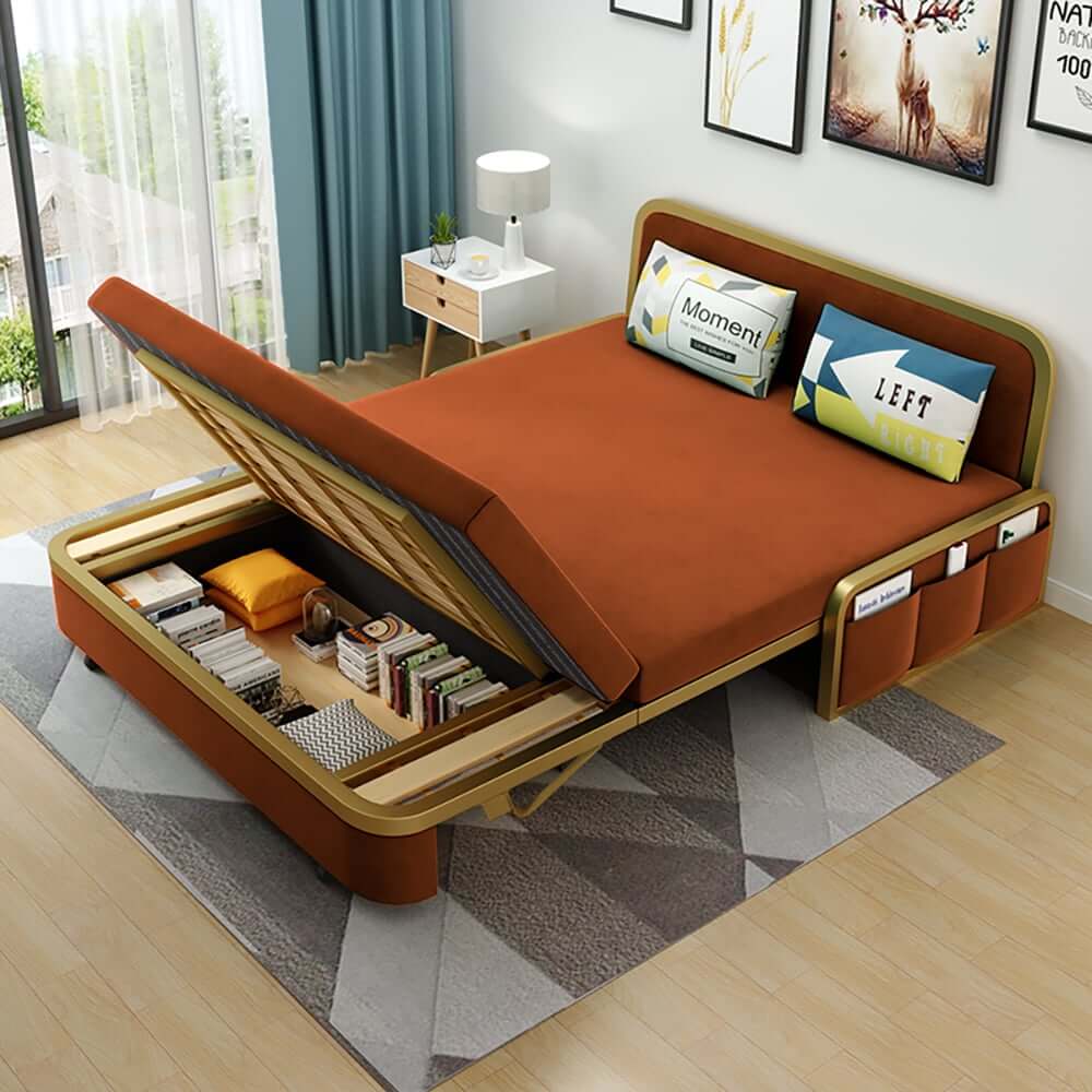 Modern Caramel Velvet Sofa Bed With Storage - Armless Main Product Image
