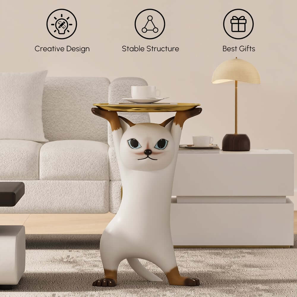 Modern Cat Side Table With Gold Tray - Whimsical Design