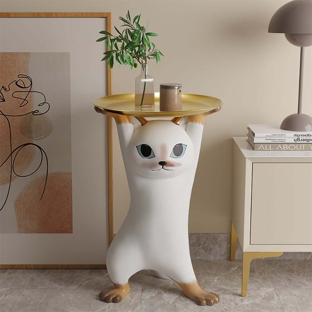 Modern Cat Side Table With Gold Tray - Whimsical Design