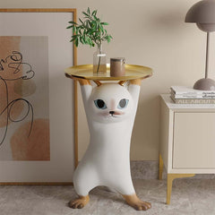 Modern Cat Side Table With Gold Tray - Whimsical Design