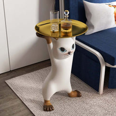 Modern Cat Side Table With Gold Tray - Whimsical Design