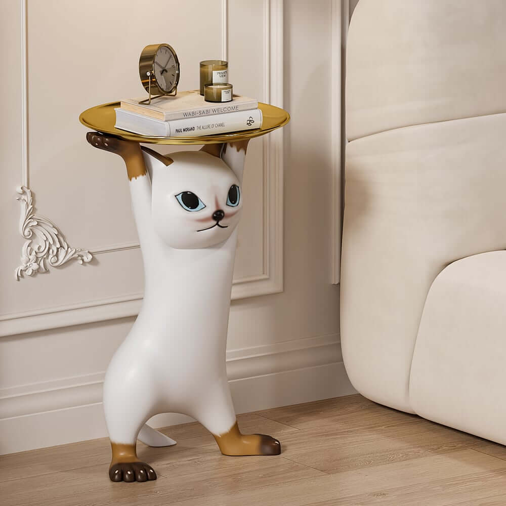 Modern Cat Side Table With Gold Tray - Whimsical Design