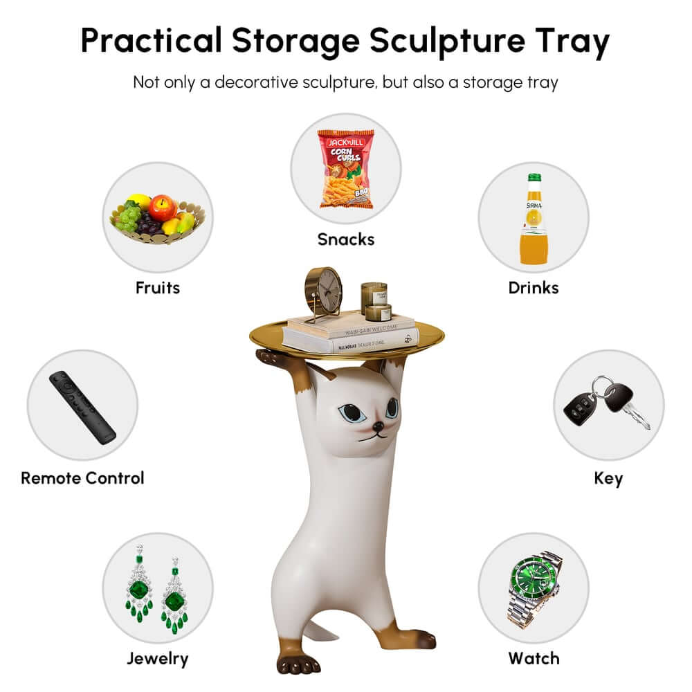 Modern Cat Side Table With Gold Tray - Whimsical Design