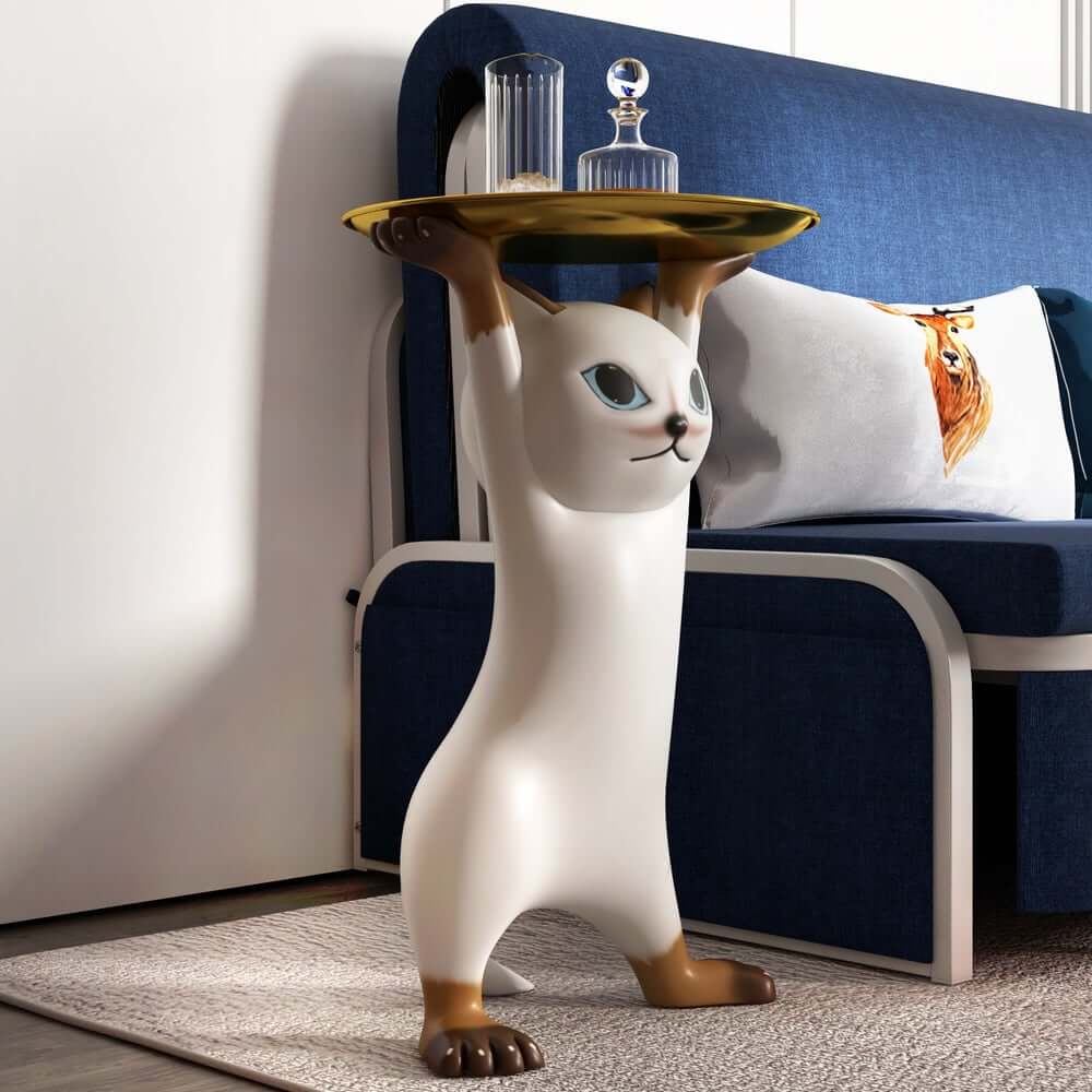 Modern Cat Side Table With Gold Tray - Whimsical Design