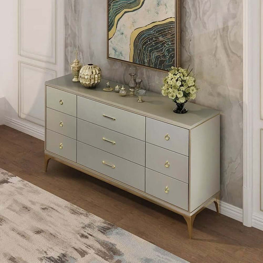 Modern Champagne Dresser with Nine Drawers and Brass Accents