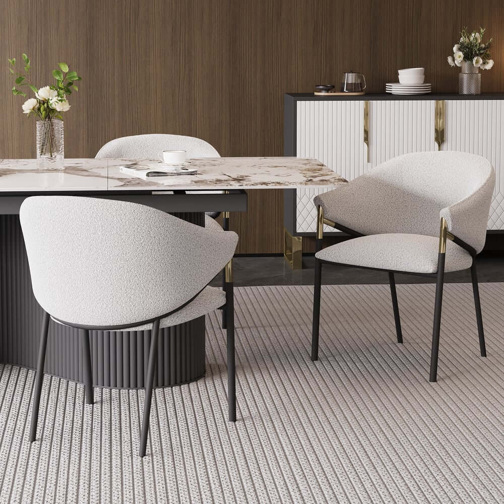 Modern Chenille Arm Chairs Set, White & Gray, Metal Frame