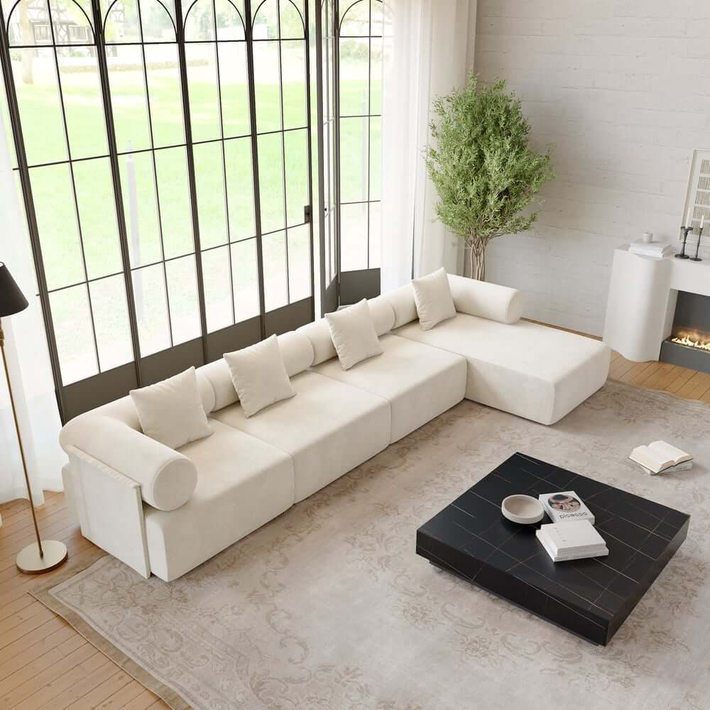 Modern Chenille Velvet Sectional Sofa With Round Arms