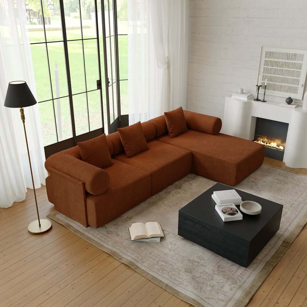 Modern Chenille Velvet Sectional Sofa With Round Arms