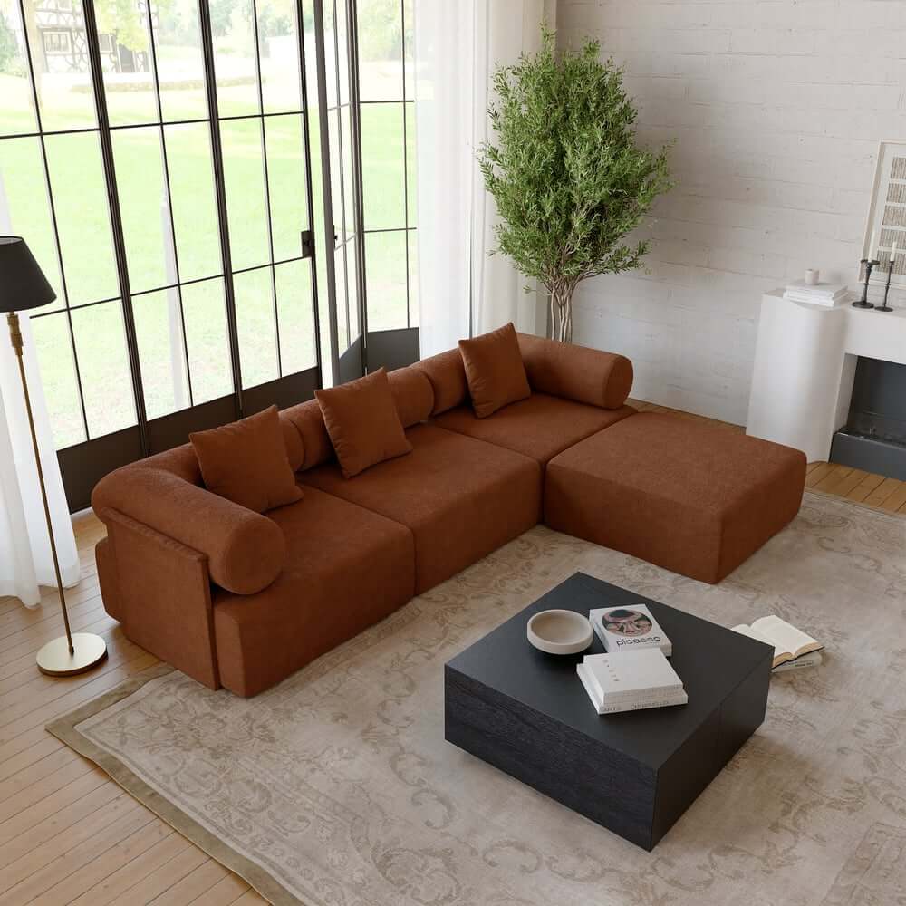 Modern Chenille Velvet Sectional Sofa With Round Arms